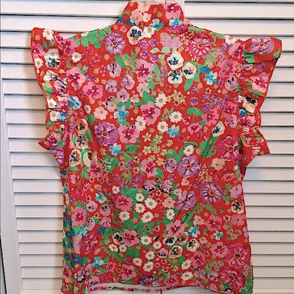 🌸NWOT Orange Floral Silk Bow Tie Ruffle Top (M)🌸 - Picture 8 of 14